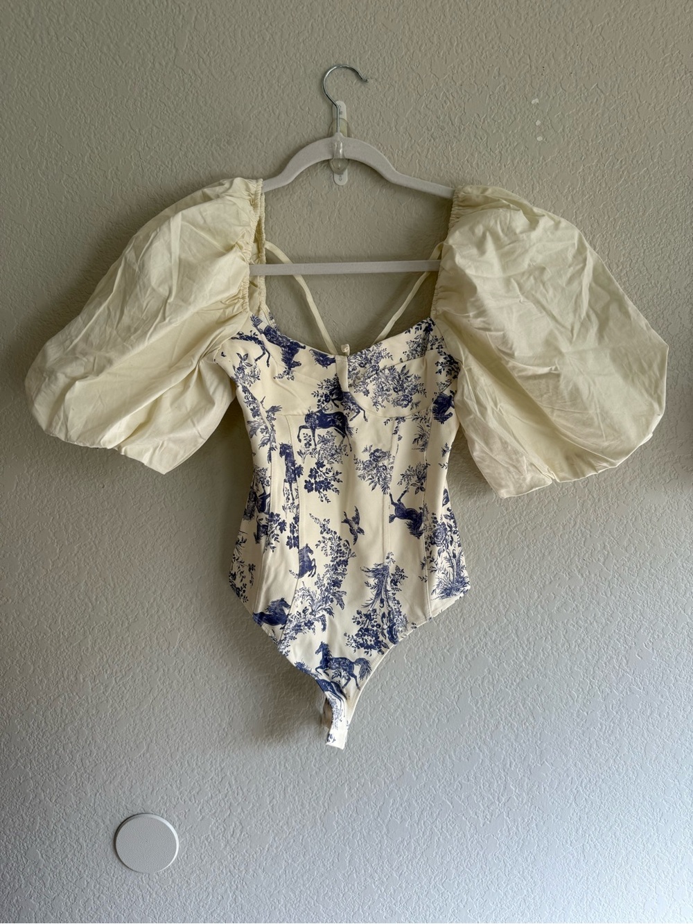 NEW Free People Prarie Rose Puff Sleeve Bodysuit in Ivory/Blue